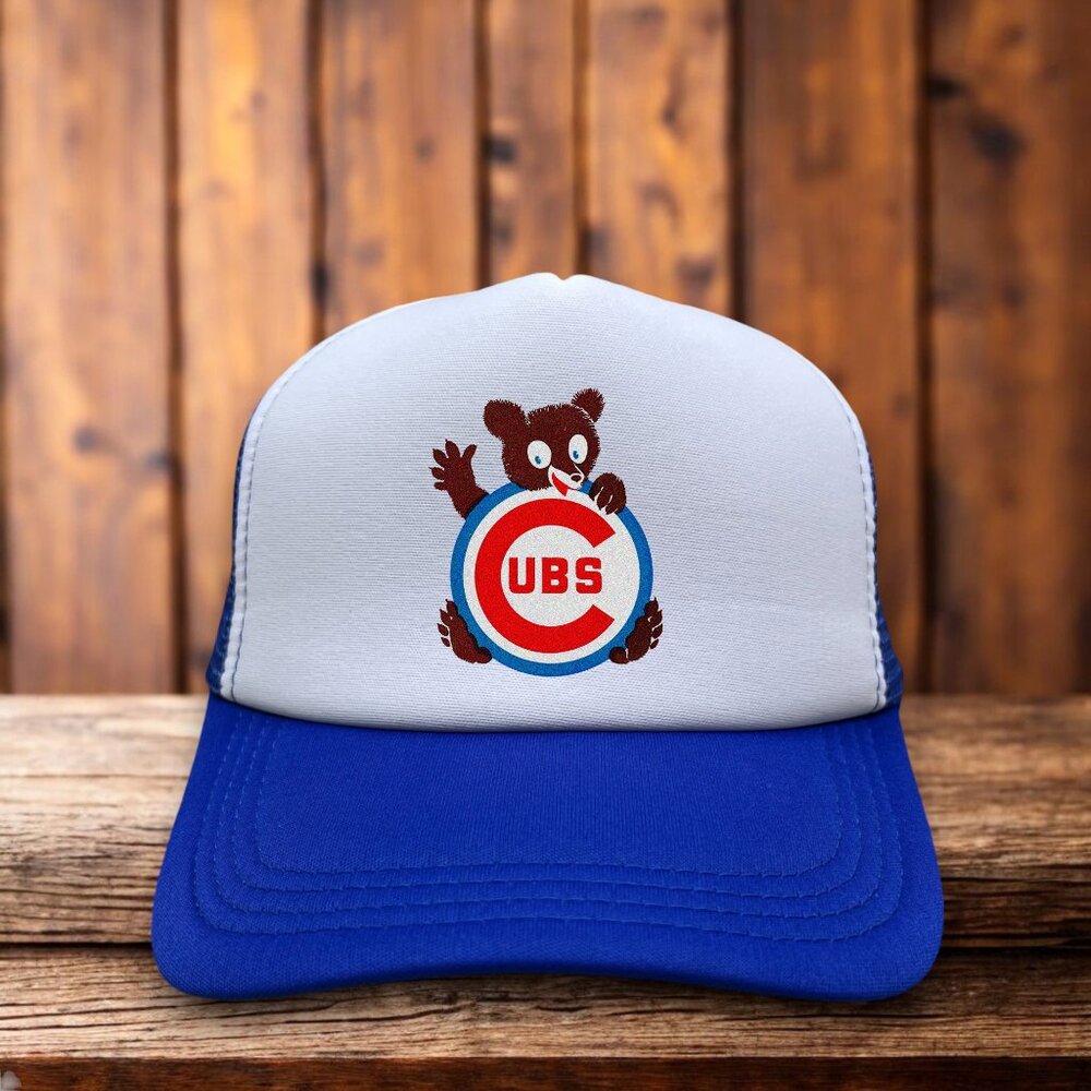 Chicago Cubs Vintage Logo Mens Trucker Hat Blue Snapback Retro Baseball Cap
